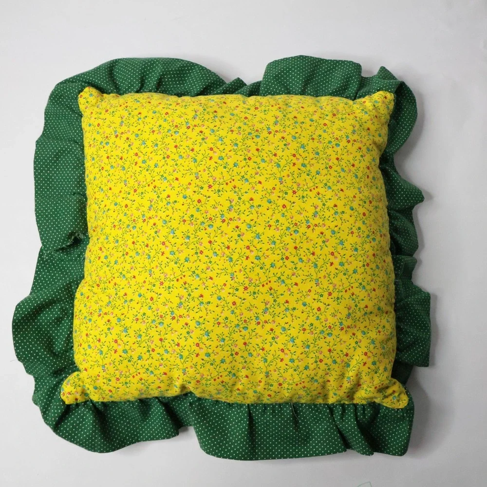 Handmade Log Cabin Quilt‎ Pillow Green Yellow Floral Farmhouse Throw Accent